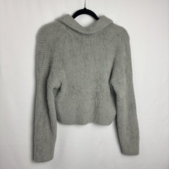Abercrombie Fitch S Gray Half Zip Fur Furry Long Sleeve Side Split Crop Sweater - Picture 4 of 10